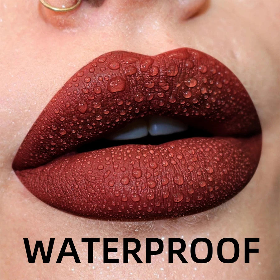LAQTA matte velvet lip gloss tube with applicator, showcasing smooth, velvety finish in a sleek, elegant packaging.