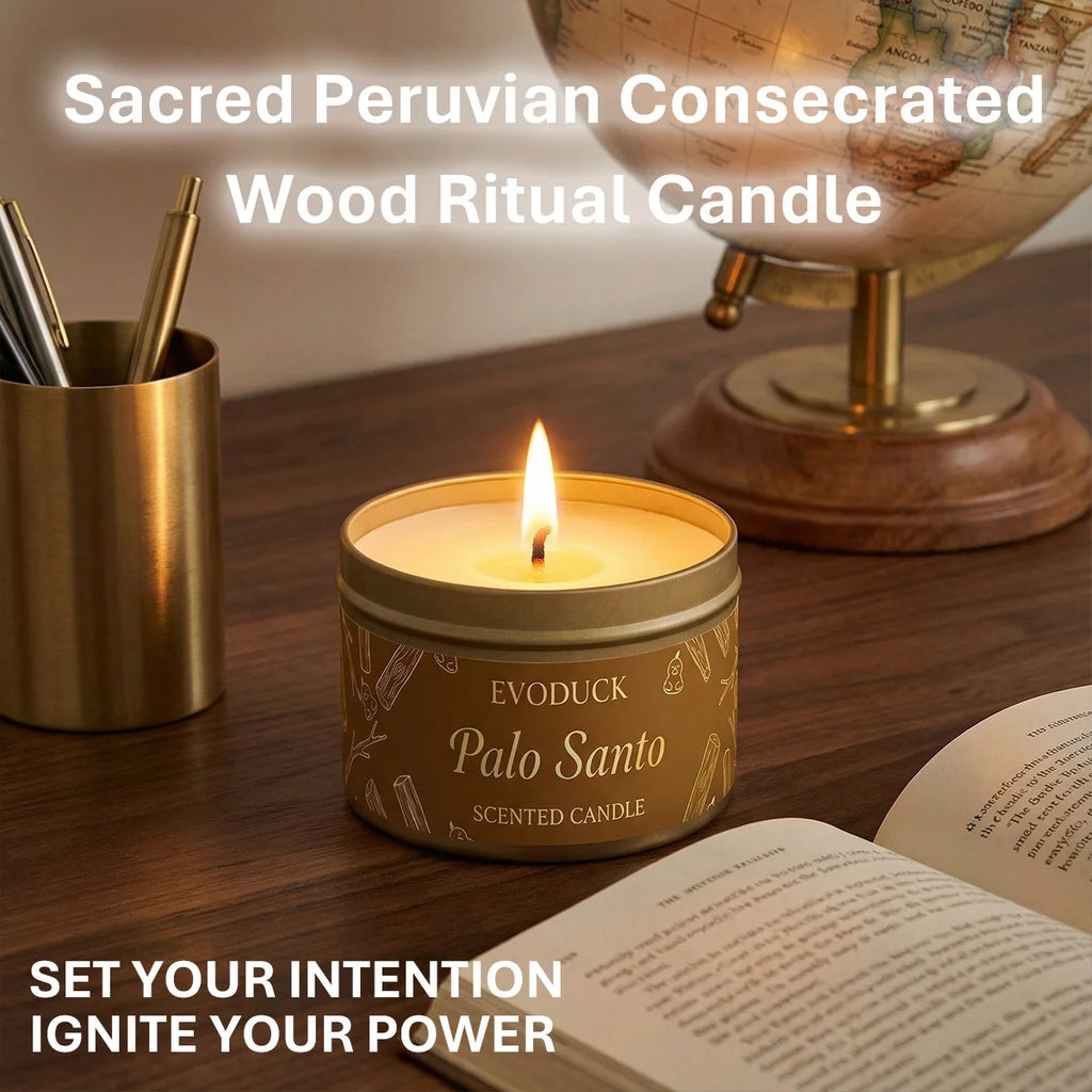LAQTA Palo Santo scented candles in elegant glass holders, showcasing warm, inviting candle flames and natural wooden accents.