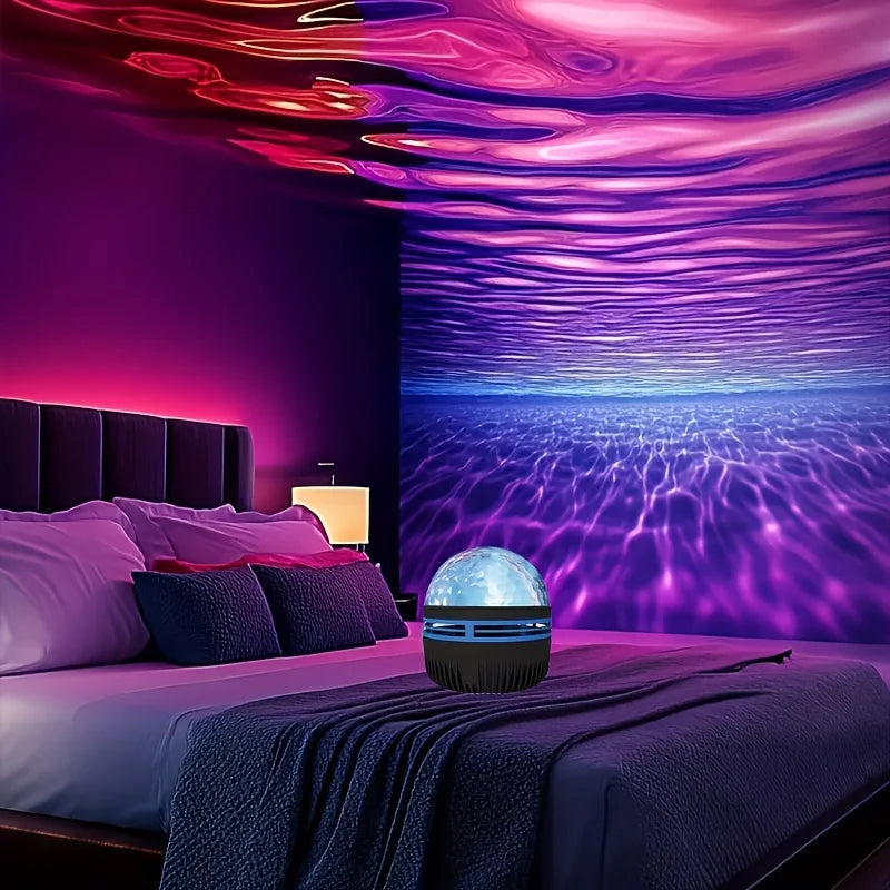 LAQTA powered water wave effect projector displaying colorful water wave patterns on a wall during nighttime.