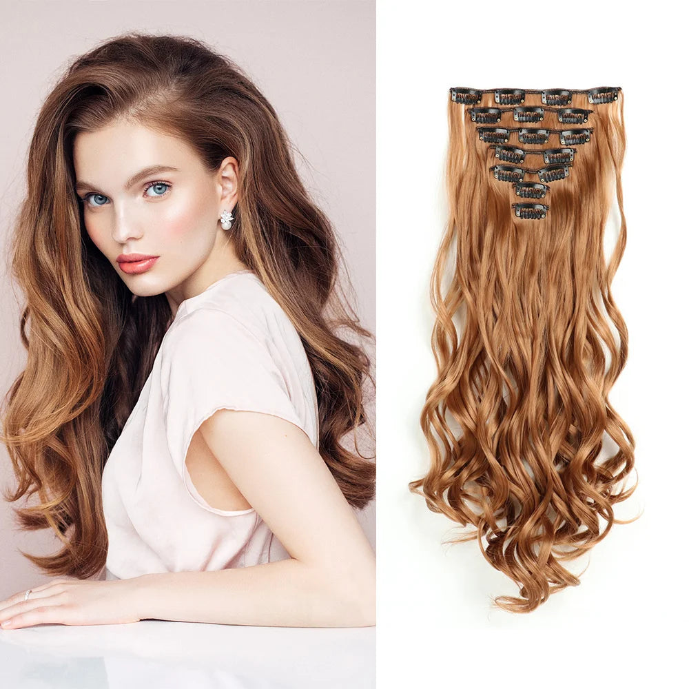 LAQTA clip-in hair extensions with long, thick, and natural-looking hair strands in a close-up image.