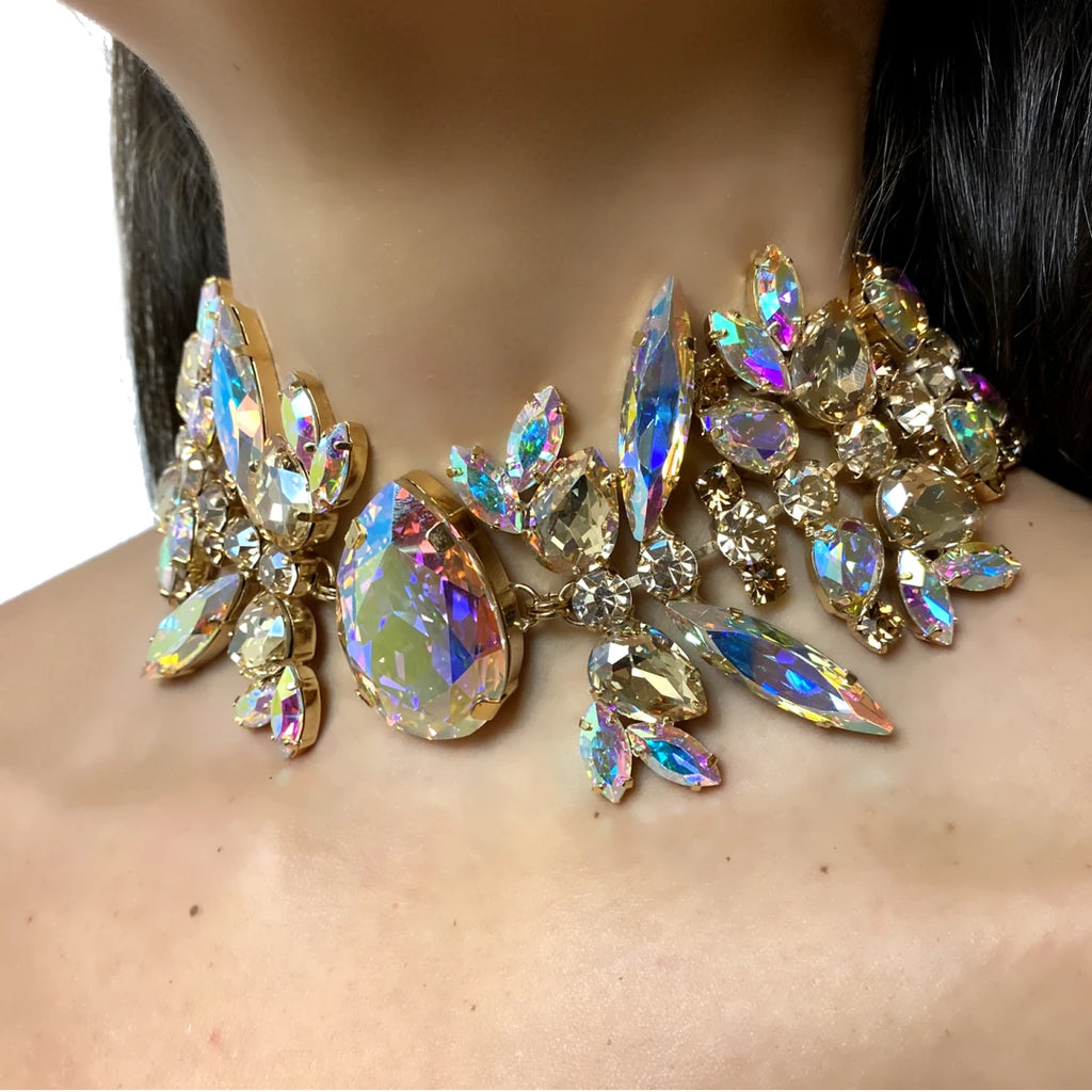 Elegant luxury AB crystal necklace by LAQTA featuring sparkling crystals and intricate silver design.