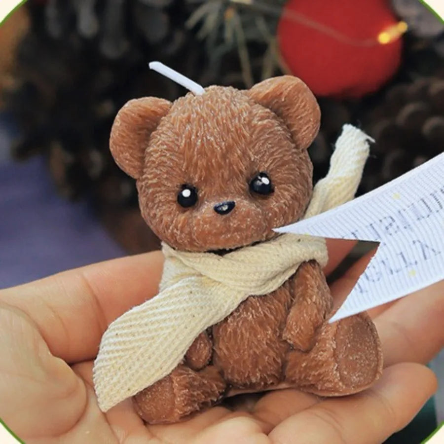 LAQTA Cute teddy bear scented candle with a cozy scarf, featuring a charming teddy bear design and warm candlelight.