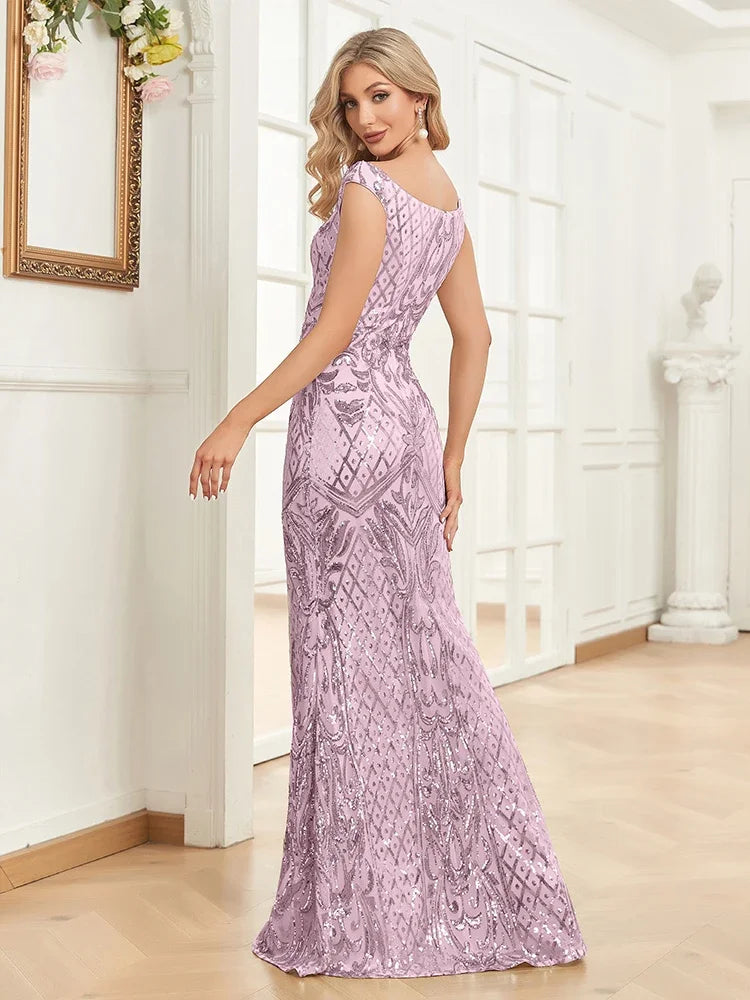 Elegant V-neck silver sequins evening dress by LAQTA featuring a fitted silhouette and shimmering embellishments for formal occasions.