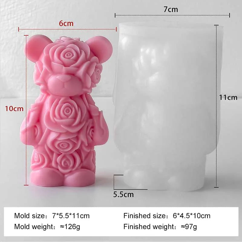 Silicone candle mold shaped like a love rose bear by LAQTA, showing detailed heart and bear design for crafting candles.