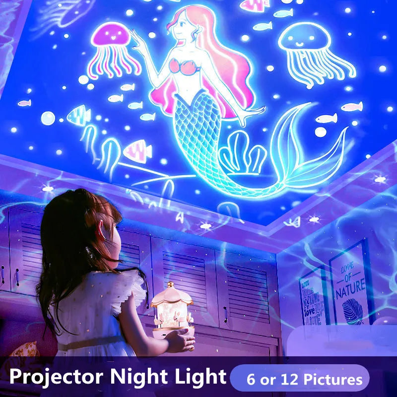 LAQTA Starry Projector Night Light displaying a starry sky pattern on a wall in a cozy bedroom setting.