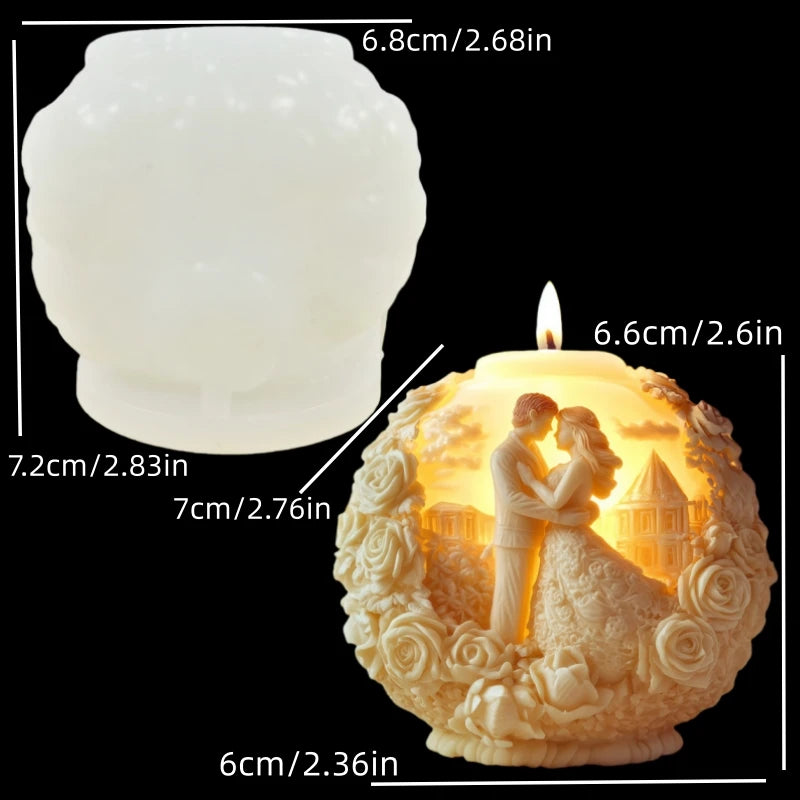 Couples embrace embossed spherical candle mold by LAQTA, showing detailed heart-shaped pattern on the round silicone mold.