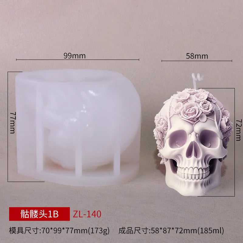3D rose skull flower silicone candle mold by LAQTA, showing detailed skull and rose design for candle making.