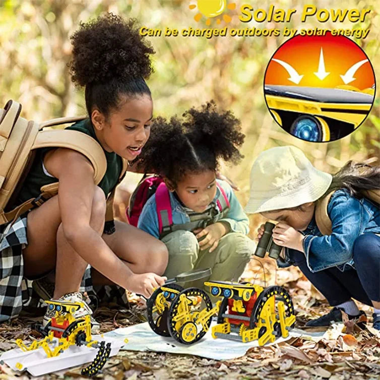 LAQTA 12-in-1 science experiment solar robot toy DIY kit with small assembled robot and solar panel components.