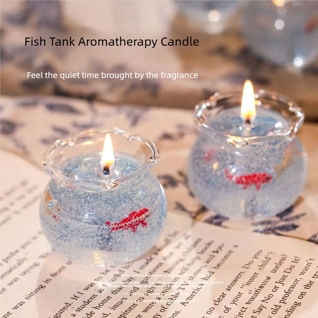 LAQTA Bubble Fish Tank goldfish aromatherapy candle in a decorative container, showcasing a serene aquatic scene with a goldfish design.