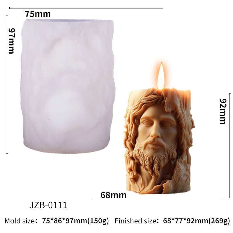 Silicone candle mold of a Jesus statue by LAQTA, showing detailed religious figure design in flexible silicone material.