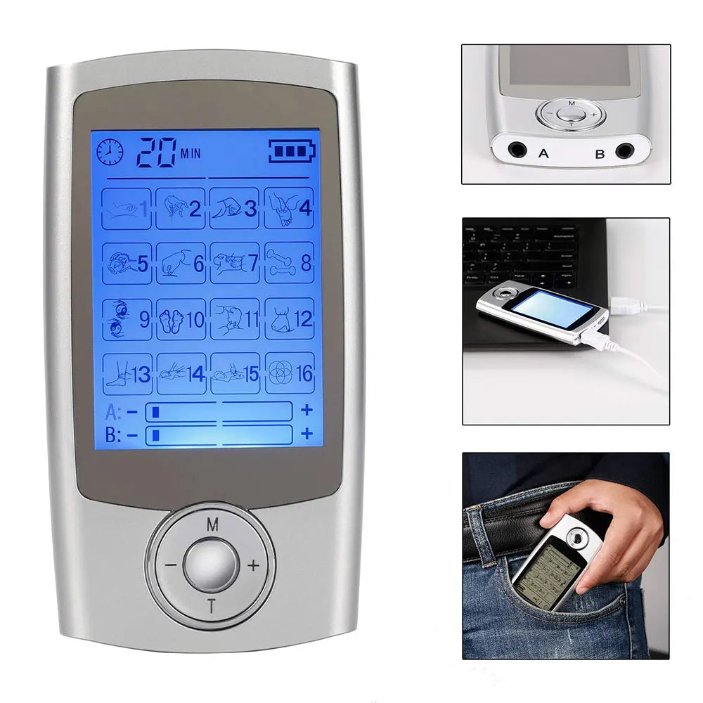 LAQTA Electric Tens Relax Muscle device with 16 modes, showing the sleek handheld unit with control buttons on a white background.