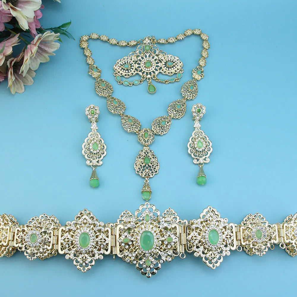 Elegant Arabic bride jewelry set by LAQTA featuring intricate gold and gemstone embellishments for traditional wedding attire.