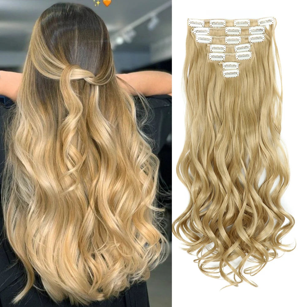 LAQTA clip-in hair extensions in a natural hair color, showing the multiple wefts with easy-to-clip design and smooth texture.