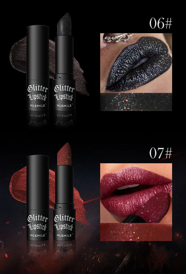 LAQTA waterproof glitter lipstick in vibrant shade, showcasing its bold color and shimmering finish on smooth lips.