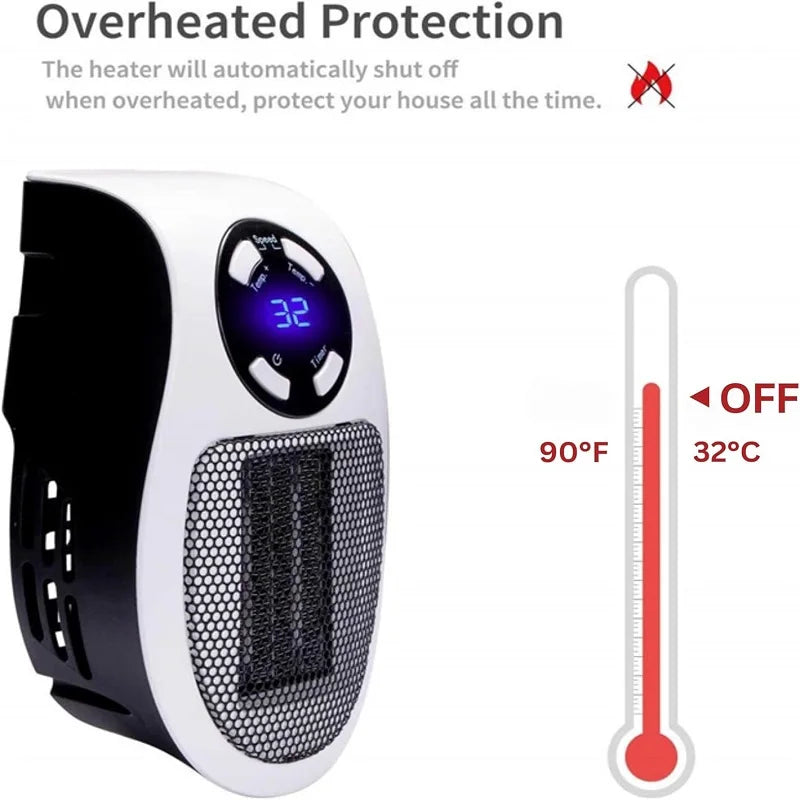 LAQTA Eco plug-in electric heater shown plugged into a wall socket, compact portable design for efficient home heating.