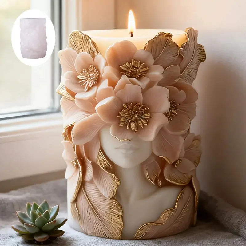 3D floral face candle mold by LAQTA showing detailed silicone mold with intricate flower and face design.