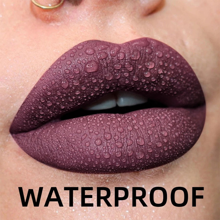 LAQTA matte velvet lip gloss in a sleek tube, showcasing smooth, rich-colored product with a soft matte finish.