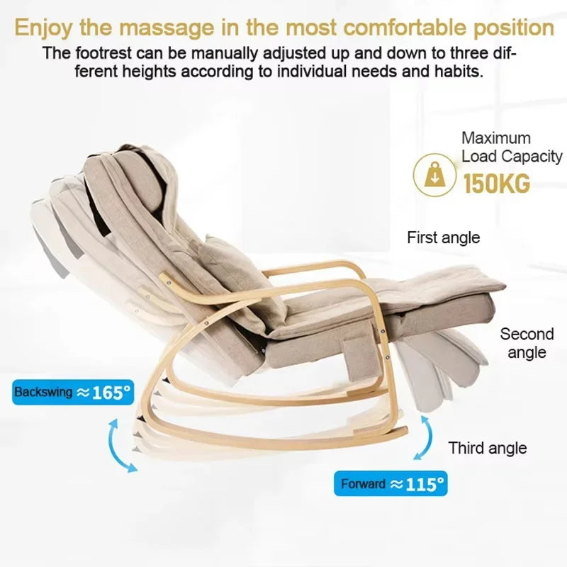 LAQTA electric rocking massage chair with padded upholstery and built-in control panel for relaxing comfort.