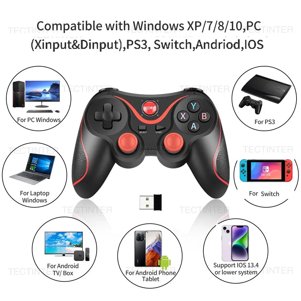 LAQTA Terios T3 X3 wireless joystick with ergonomic design and multiple control buttons, suitable for gaming consoles.