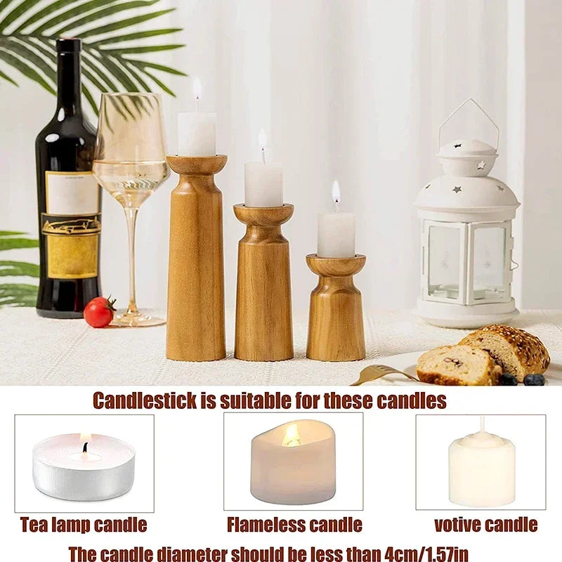 Natural wooden candlestick holders by LAQTA featuring a rustic design, ideal for elegant tabletop or mantel display.
