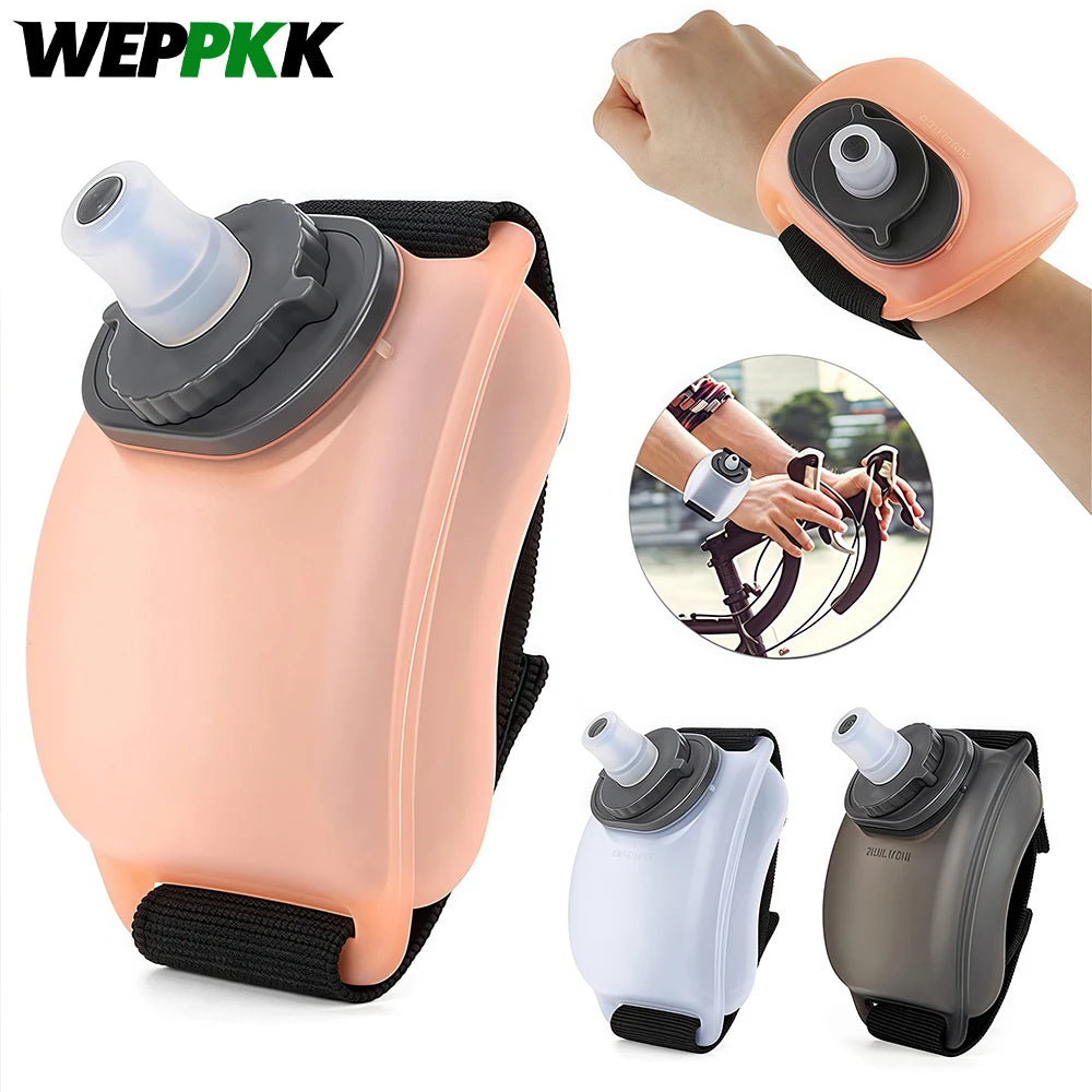 LAQTA wrist water bottle with a soft strap and squeezable plastic container, designed for hydration on the go.