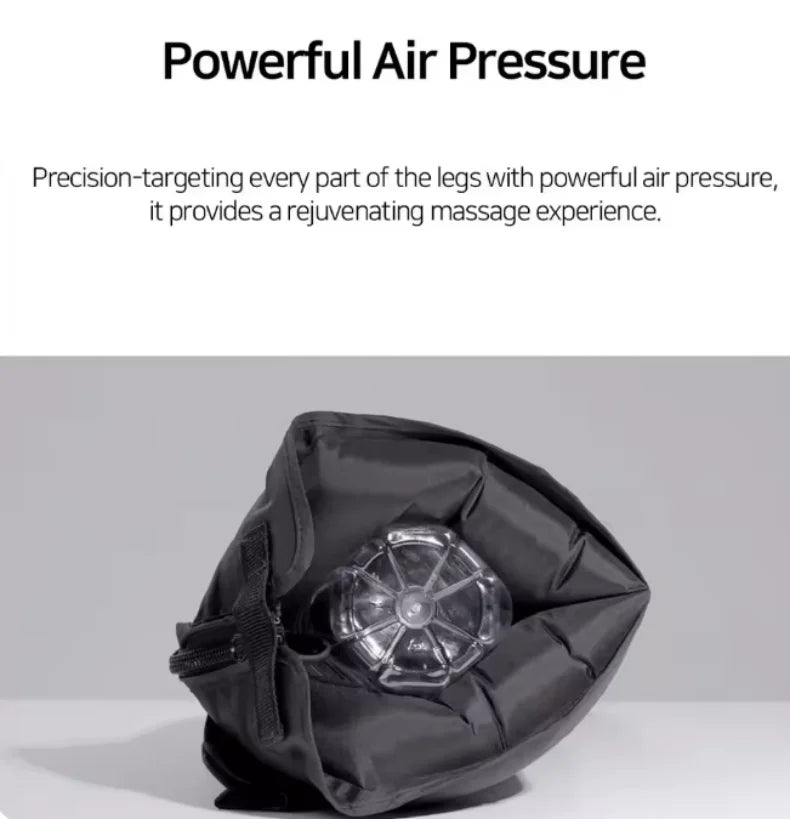 Electric pneumatic leg massager by LAQTA showing adjustable straps, multiple air chambers, and control buttons for improved circulation.
