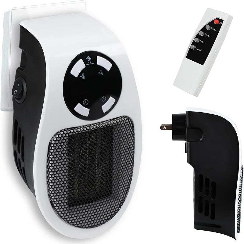 LAQTA Eco Plug-in Electric Heater showing compact design and adjustable temperature controls in a modern home setting.