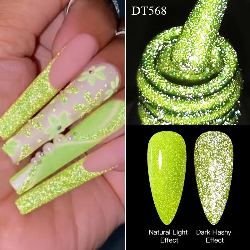 LAQTA fluorescent reflective gel nail polish swatch showcasing vibrant, glowing colors under UV light on a nail display.