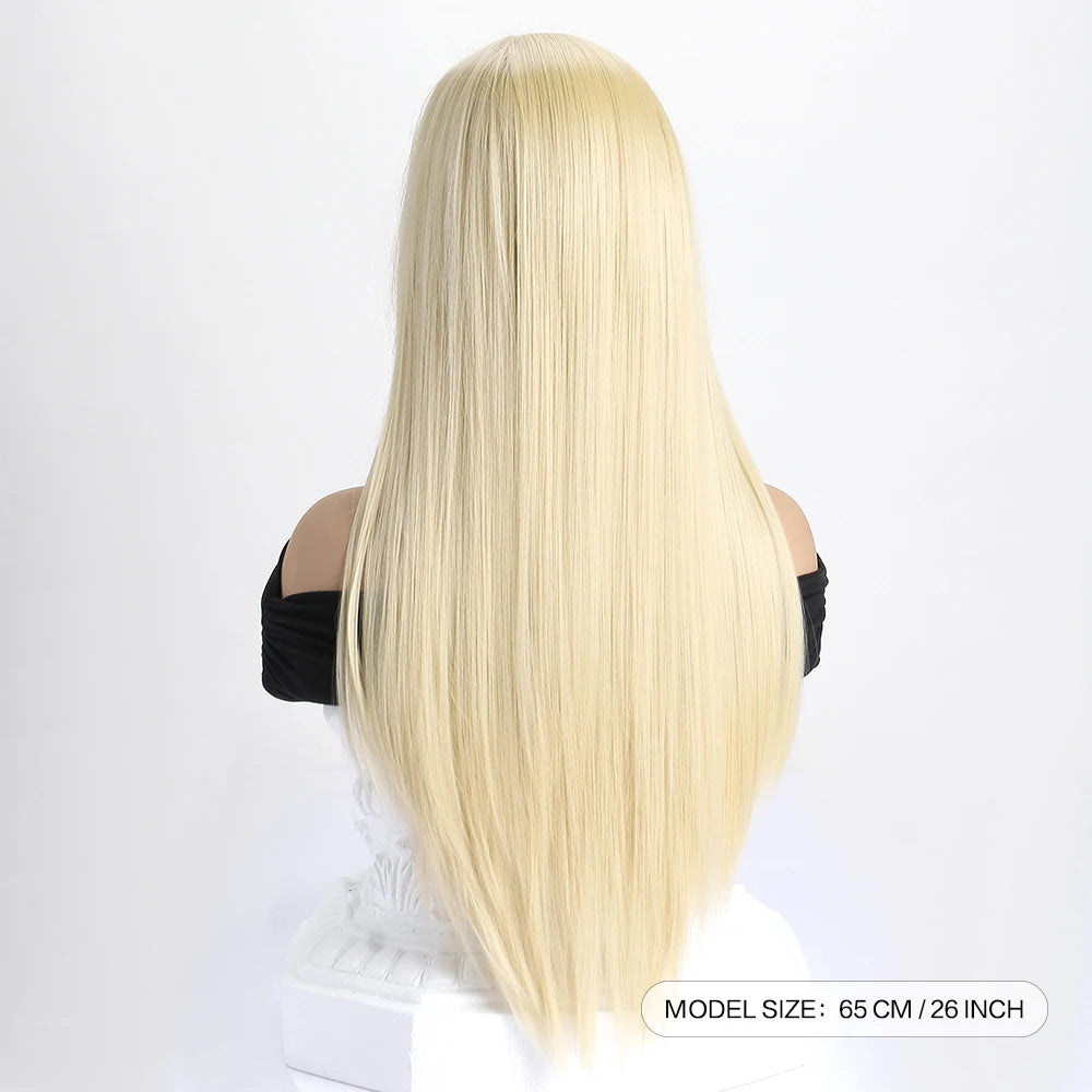 Long straight synthetic wig by LAQTA with sleek, smooth hair flowing over shoulders in a natural black color.