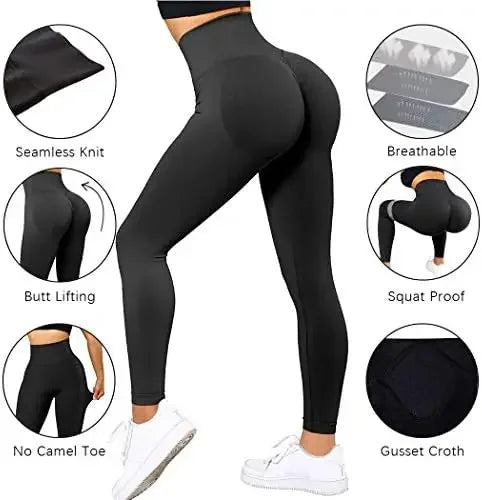 LAQTA seamless knitted gym leggings showing a close-up of the stretchy, fitted fabric designed for athletic wear.