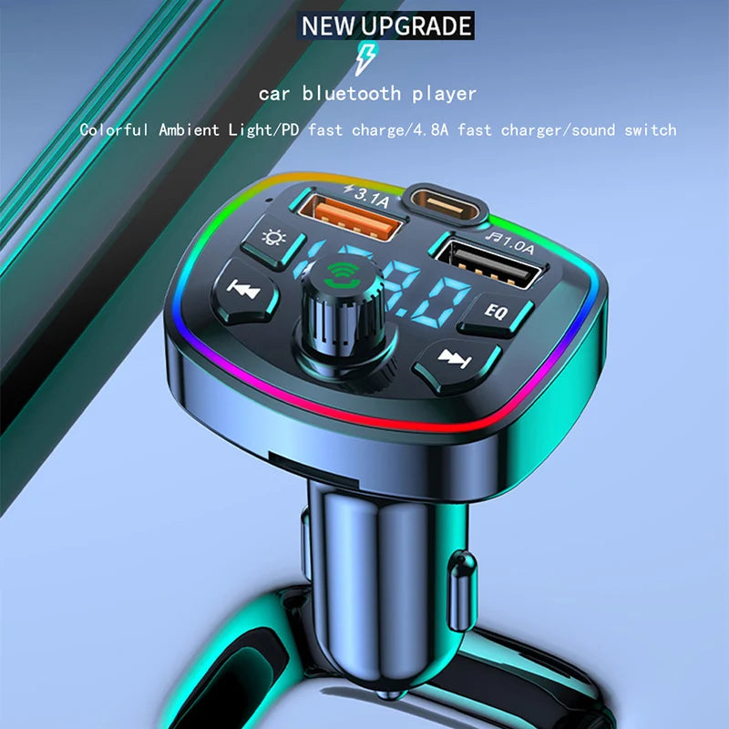 LAQTA Car Bluetooth 5.0 FM Transmitter connected to a vehicle's dashboard, displays digital screen and control buttons.