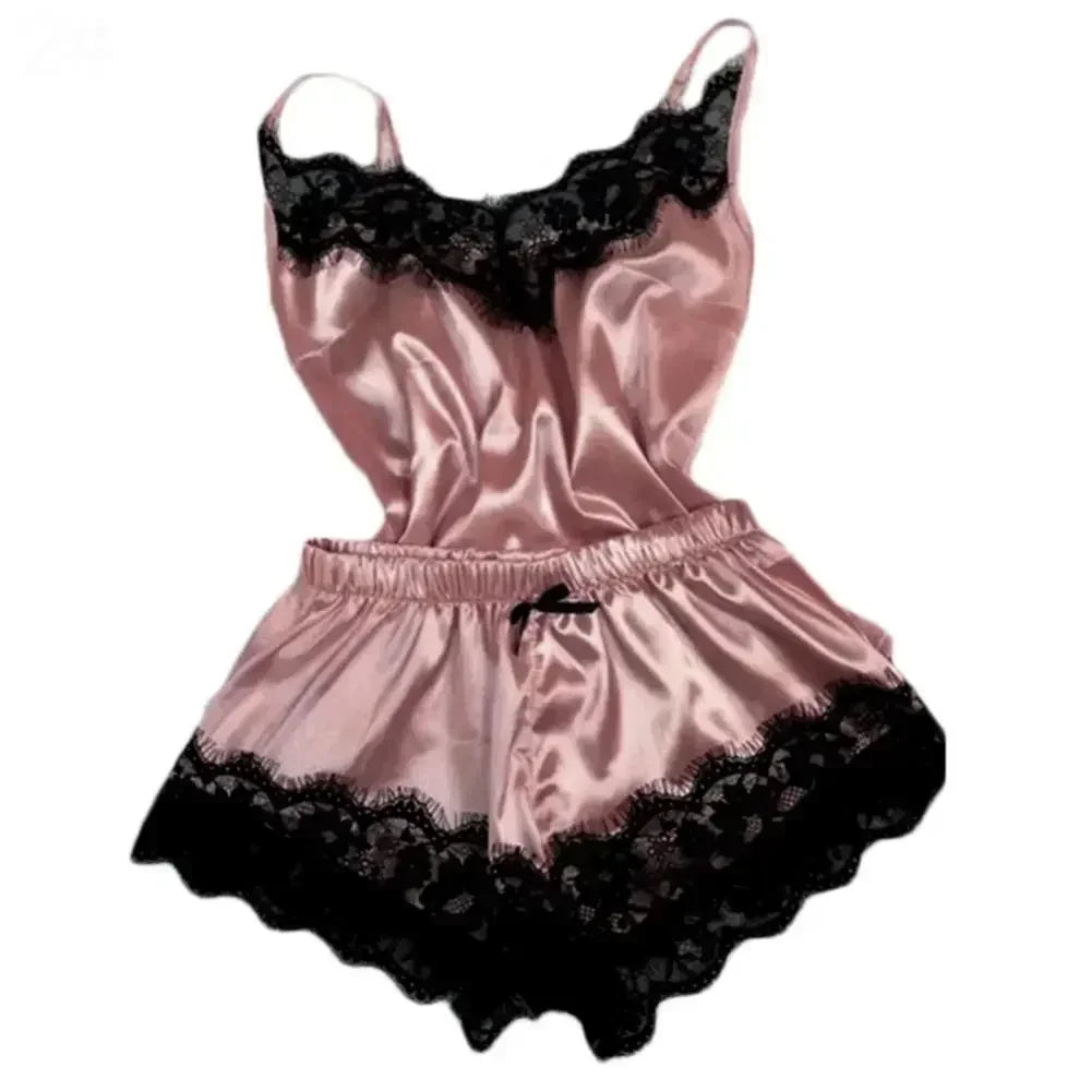 LAQTA summer lace silk pajama set featuring a lightweight, elegant top and matching shorts for comfortable, stylish sleepwear.