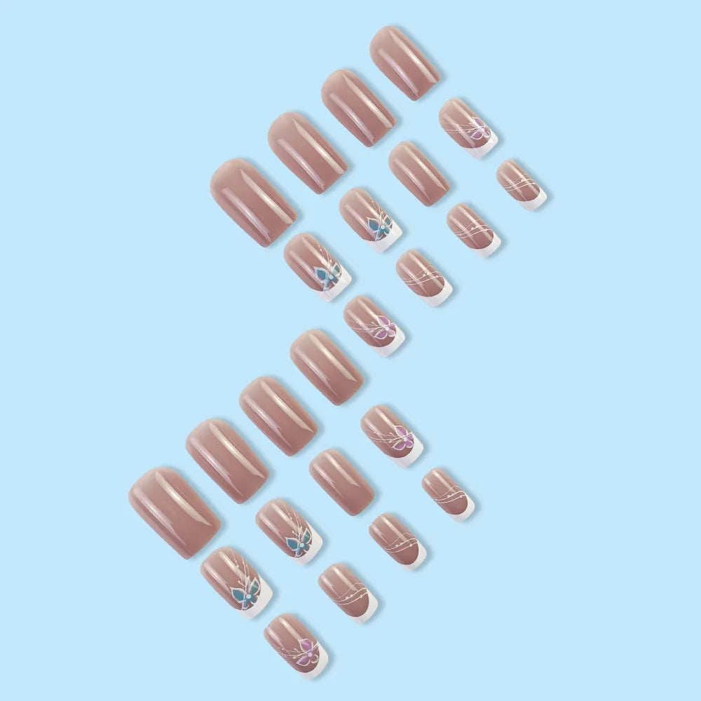 Set of 24 short square acrylic nails by LAQTA, displayed in various natural nail designs on a neutral background.