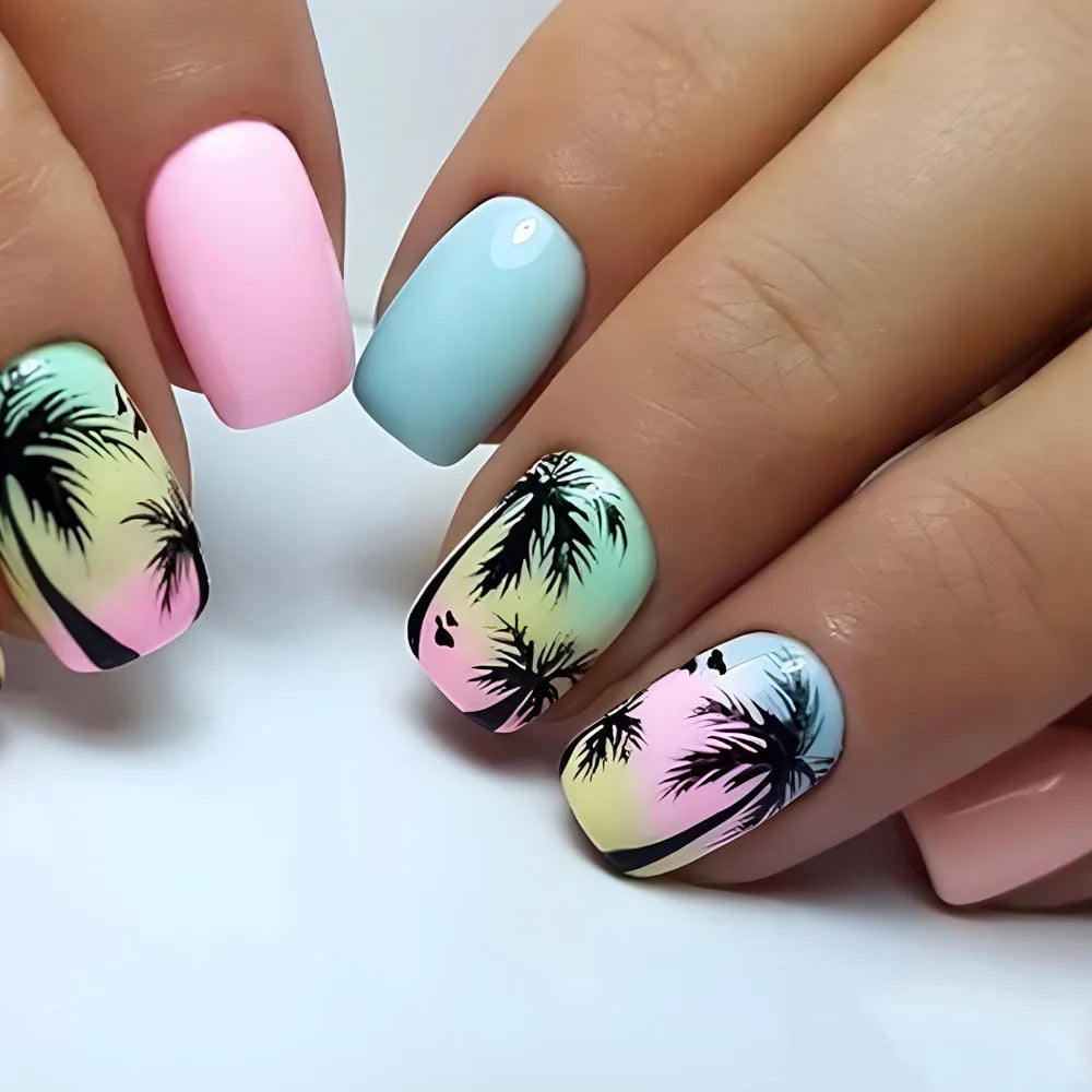 Short square fake nails by LAQTA, showcasing a stylish nail design with a natural finish and smooth, even edges.