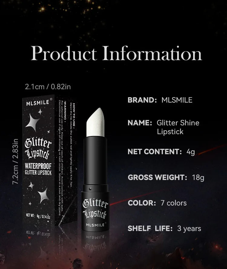 LAQTA waterproof glitter lipstick in vibrant shade, featuring a shimmering finish, with the lipstick bullet and packaging visible.