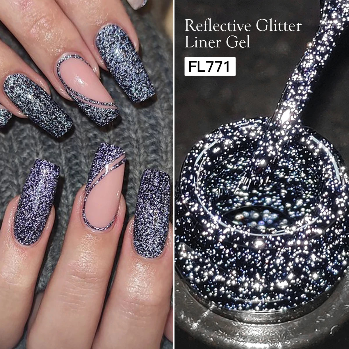 LAQTA reflective glitter eyeliner showcasing shimmering, colorful glitter finish on a sleek eyeliner pencil.