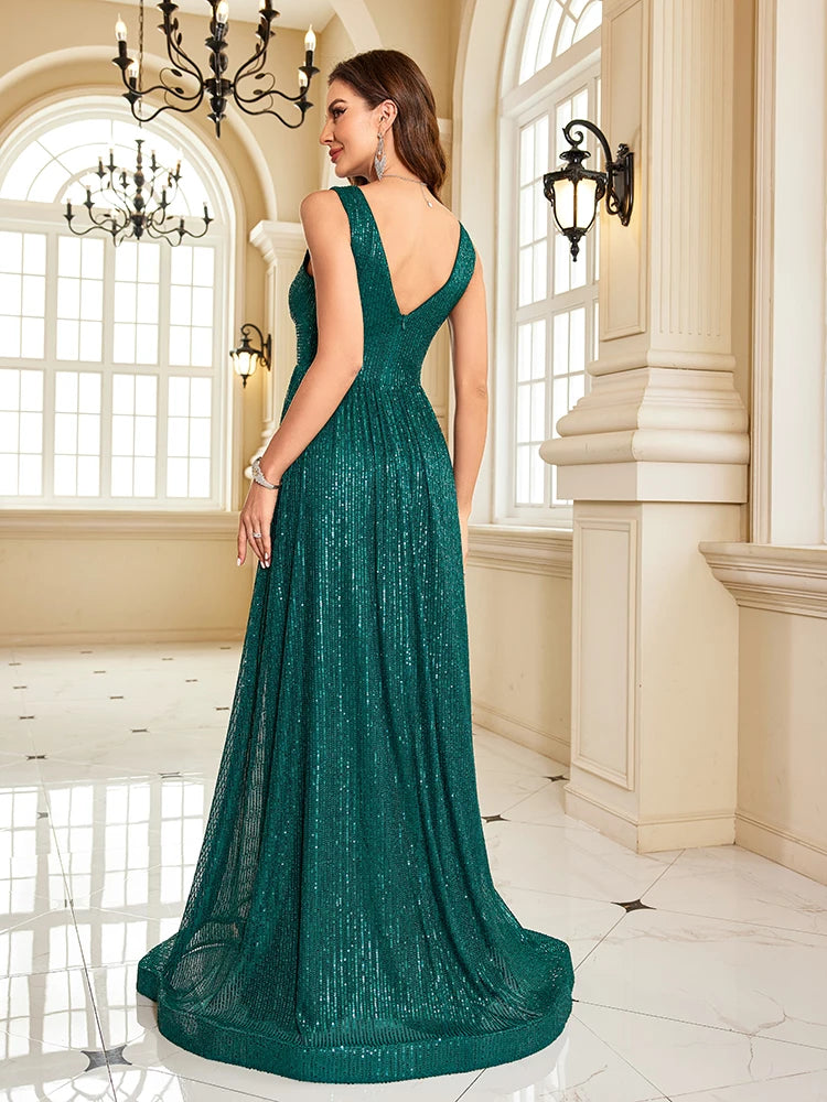 Women’s luxury green V-neck sleeveless formal dress by LAQTA, shown hanging on a wooden hanger against a neutral background.