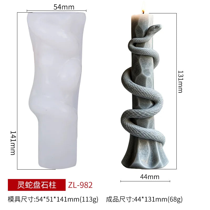 LAQTA 3D rotating snake relief candle silicone mold showing detailed snake design and flexible silicone material for candle making.