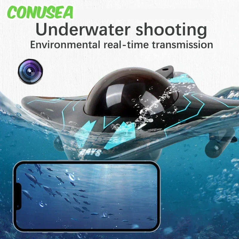 LAQTA RC submarine boat with underwater camera, showing sleek design and camera lens for remote underwater exploration.