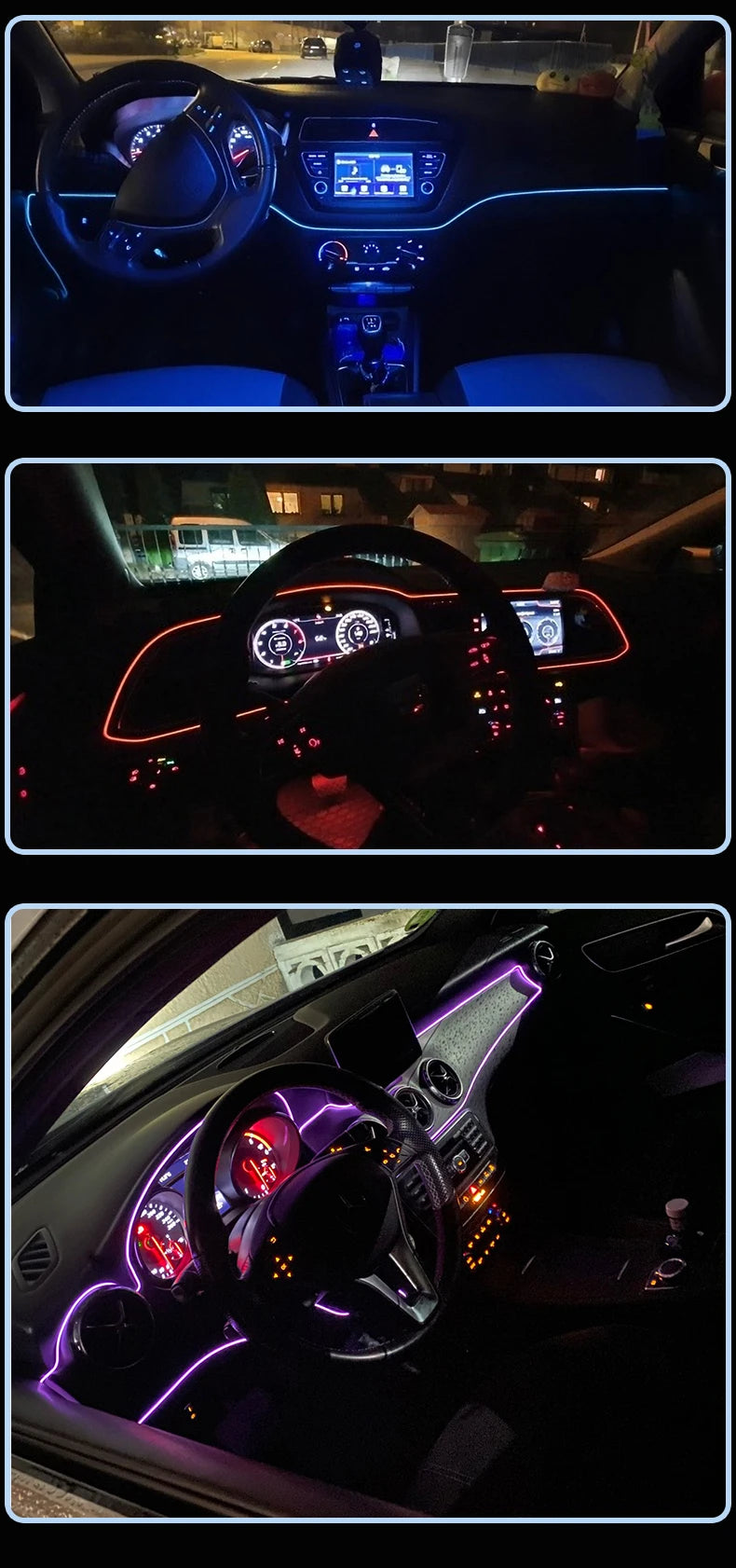 LAQTA car interior atmosphere LED strip lighting installed inside vehicle showing colorful ambient glow.