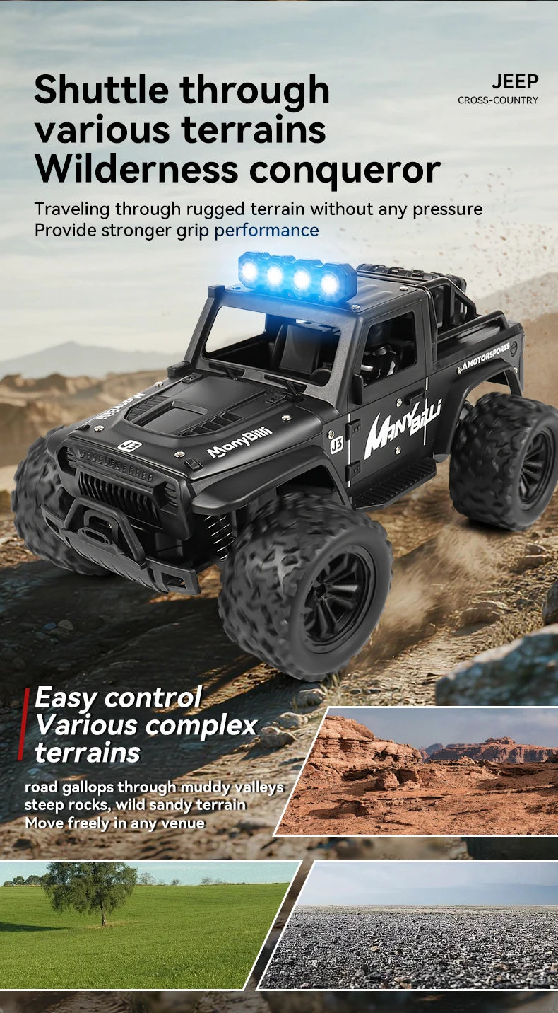 LAQTA 2.4GHz remote control Jeep with detailed off-road design and durable wheels, perfect for outdoor play and adventure.