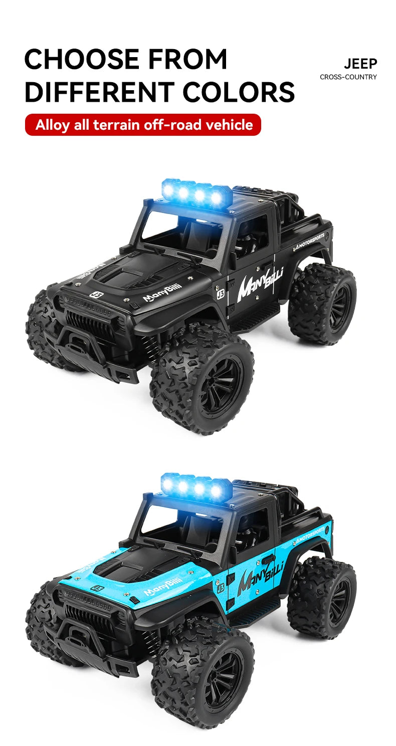 LAQTA 2.4GHz remote control Jeep shown in green with detailed exterior and large tires, perfect for outdoor off-road play.