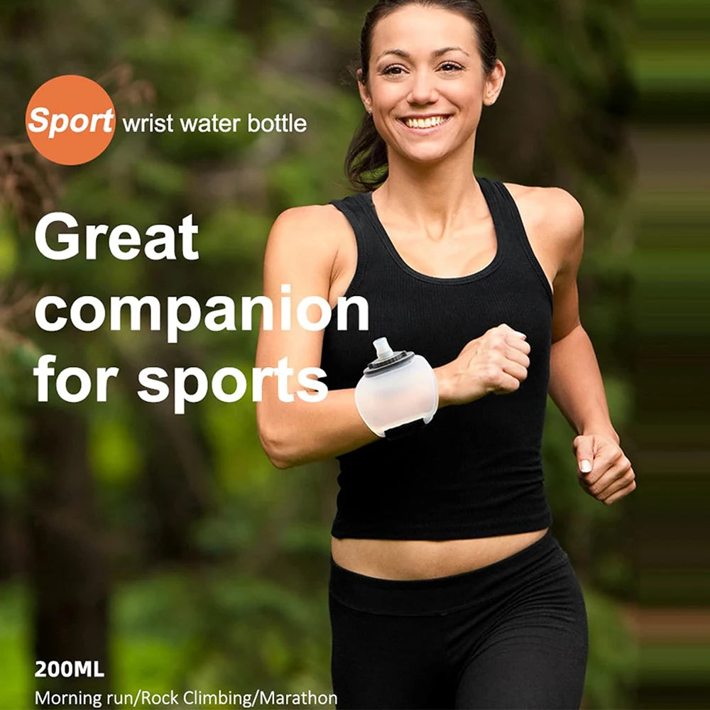LAQTA wrist water bottle with adjustable strap and transparent container, ideal for staying hydrated on the go.