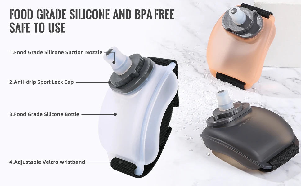 LAQTA wrist water bottle with adjustable strap and built-in hydration container, ideal for outdoor activities and fitness.