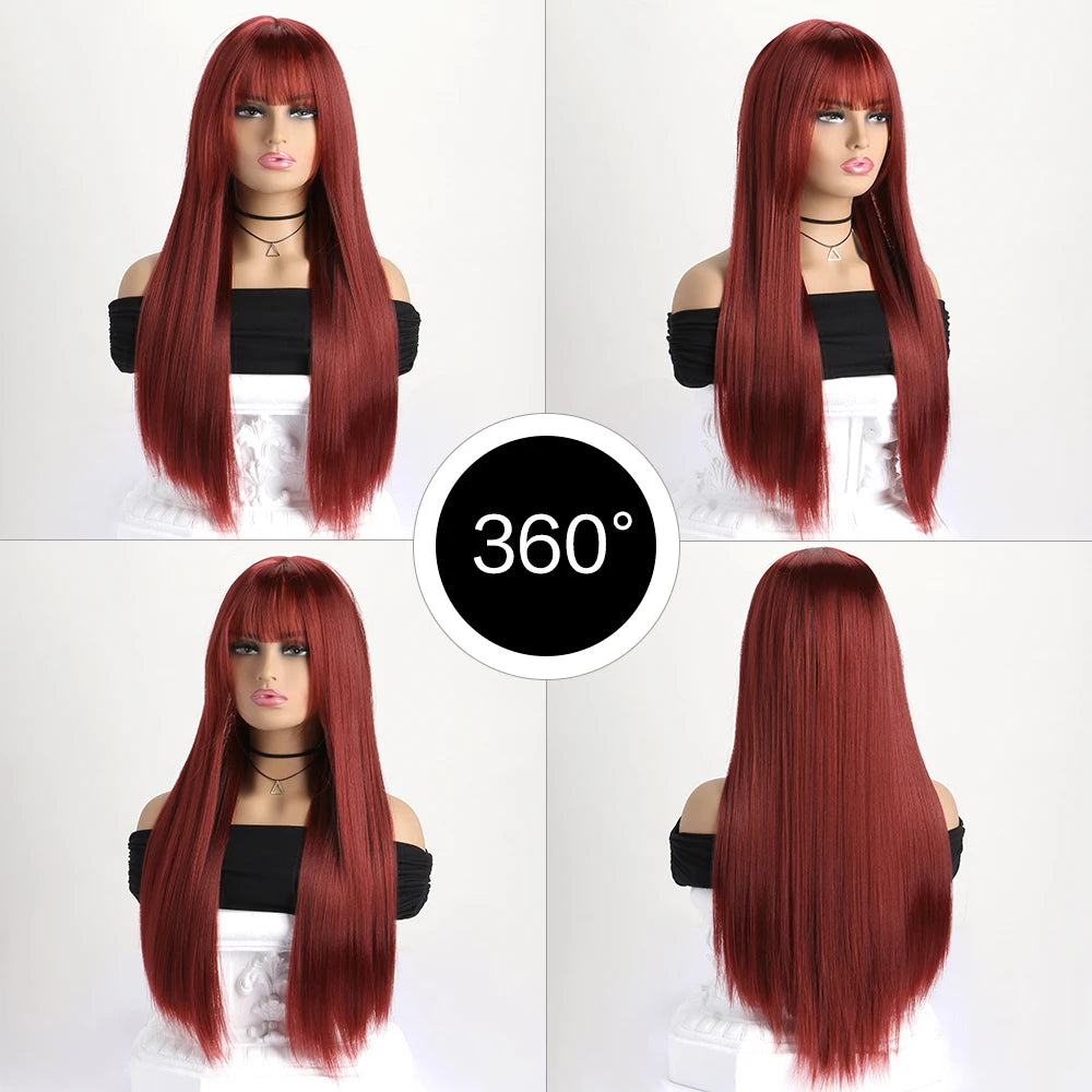 Long straight synthetic wig by LAQTA with sleek, smooth hair flowing down, showcasing natural shine and full length.