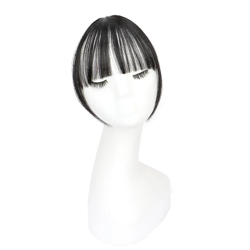LAQTA synthetic invisible hair bangs styled on a model, showcasing natural-looking, seamless hair extension for a modern hairstyle.