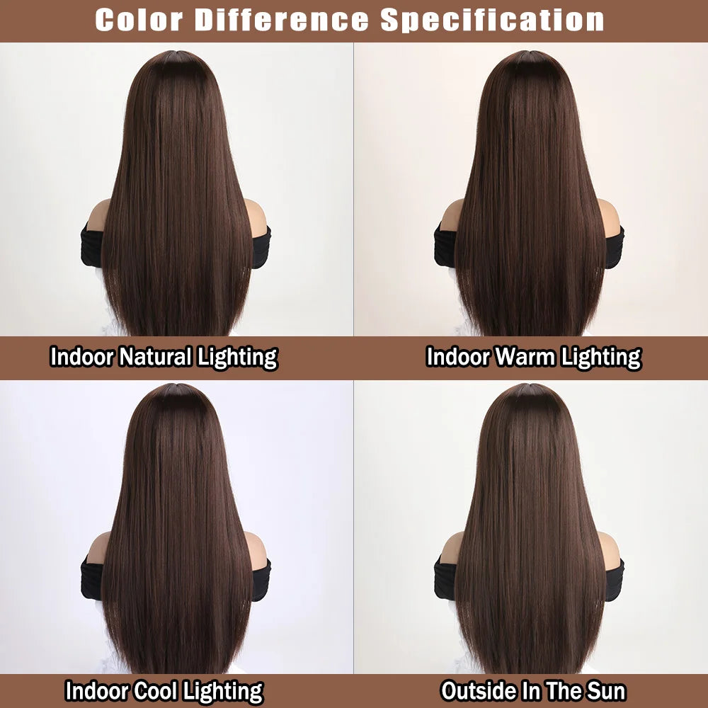 Long straight synthetic wig by LAQTA featuring sleek, natural black hair with a middle parting and smooth texture.