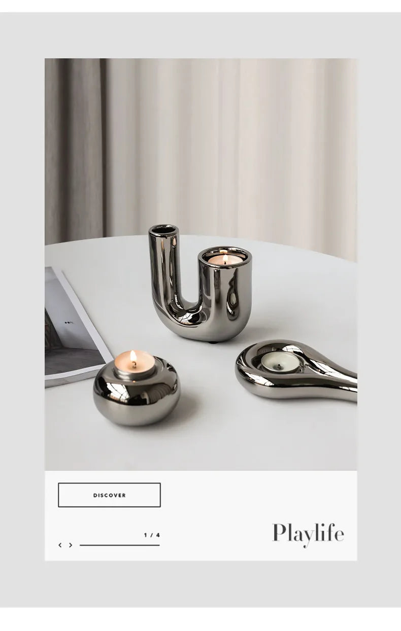 Luxury electroplating silver geometric ceramic candlestick by LAQTA, featuring a modern design and sleek finish for elegant decor.