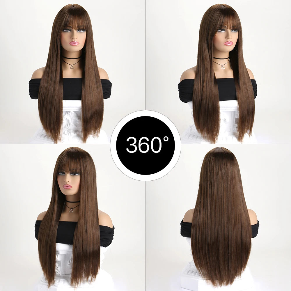 Long straight synthetic wig by LAQTA with sleek, smooth hair extending past shoulders, styled for a natural look.