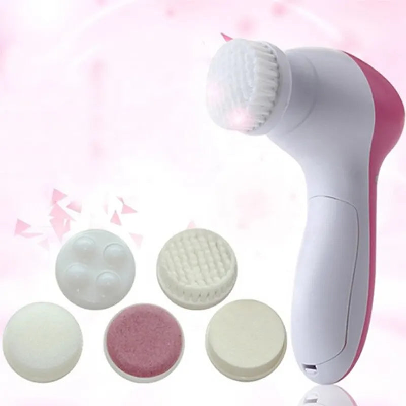Electric facial cleaner 5-in-1 by LAQTA with multiple brush heads and controls, shown in a close-up image.